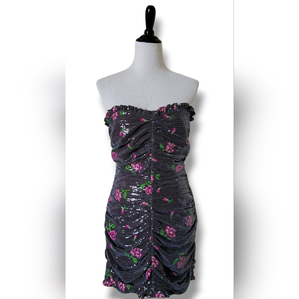 NWT For Love & Lemons Rose Sequin Strapless Ruched Mini Dress L